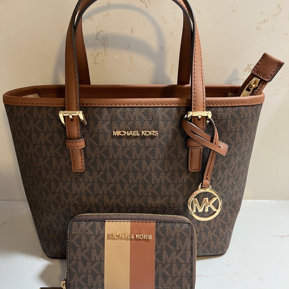 Michael Kors Brown and Tan Tote Bag with Wallet